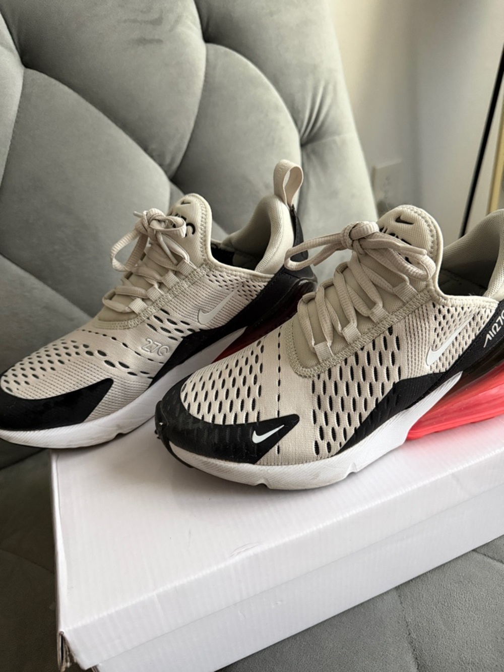 Nike big kids  Beige and Black Air Max-Style Sneakers with Red Accent